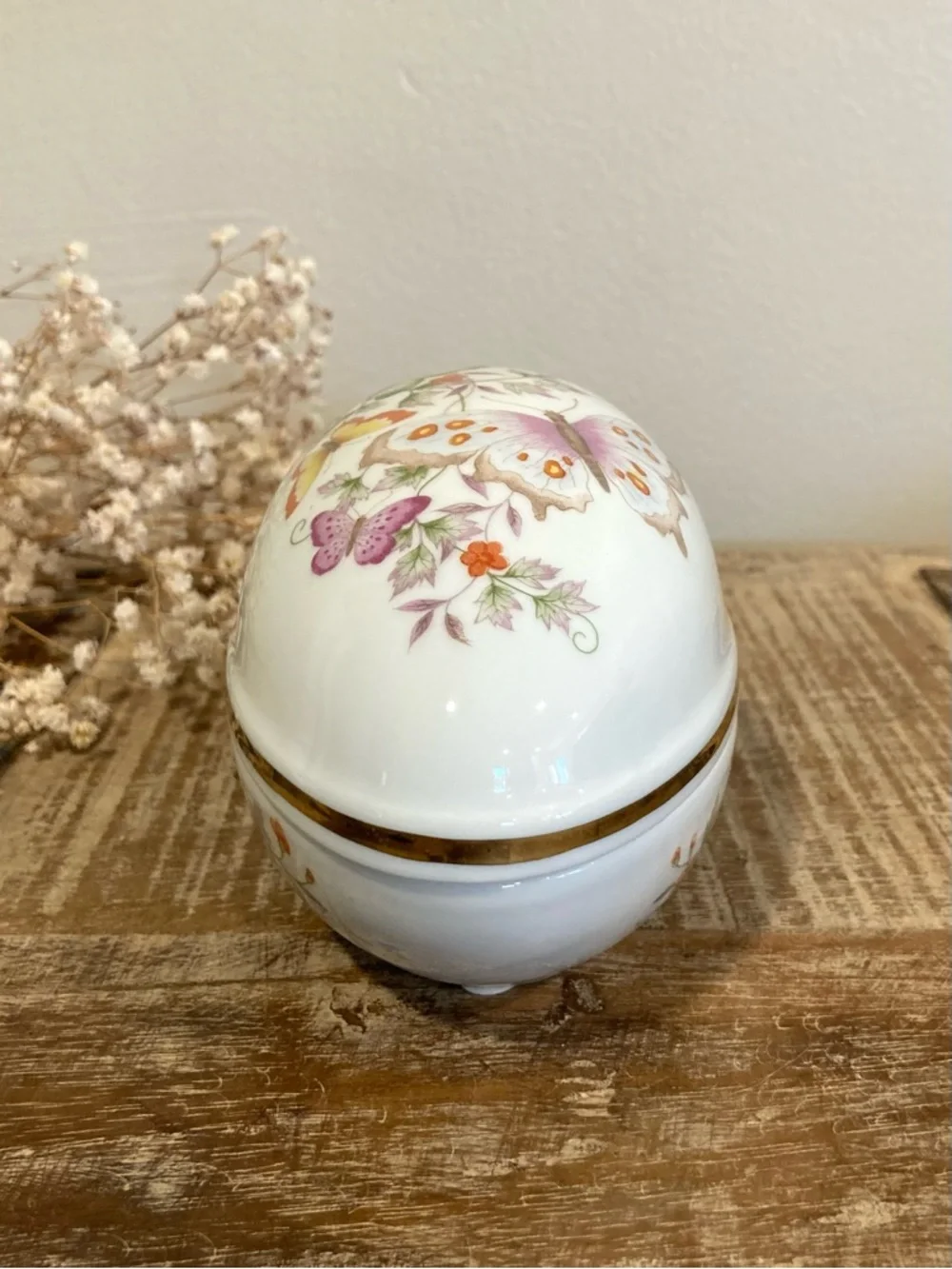 1970s Avon Butterfly Floral Porcelain Egg Shaped Trinket Box with 22K Gold Trim